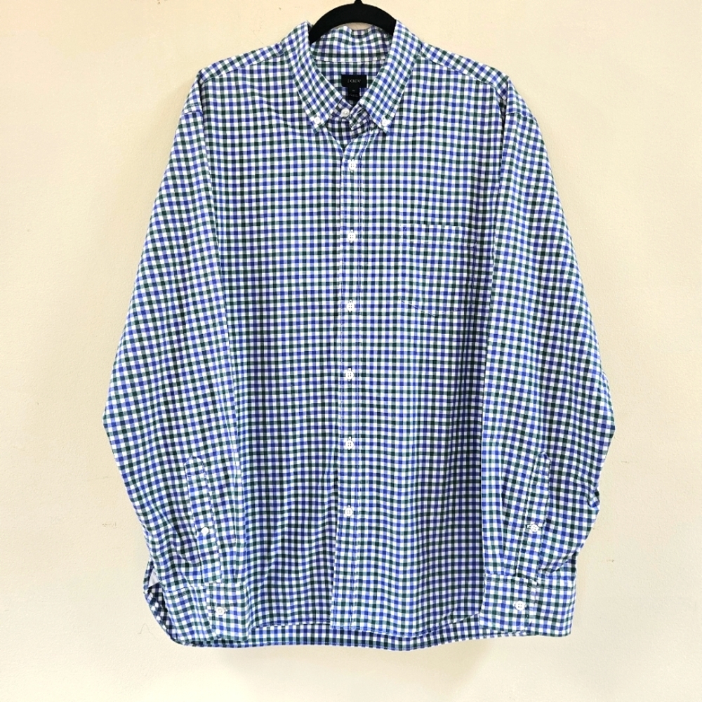 J Crew Shirt Men Sz XL Green Blue White Checkered Button Down Collar Frnt Pocket
